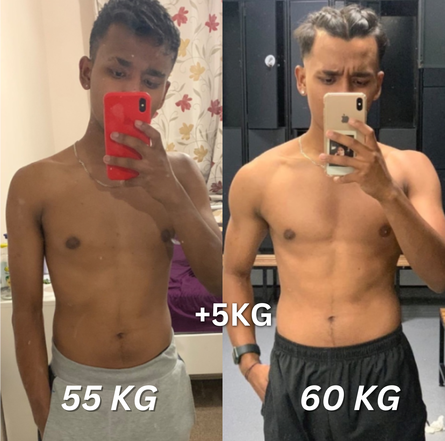 55kg to 60kg — 5kg lean muscle gain