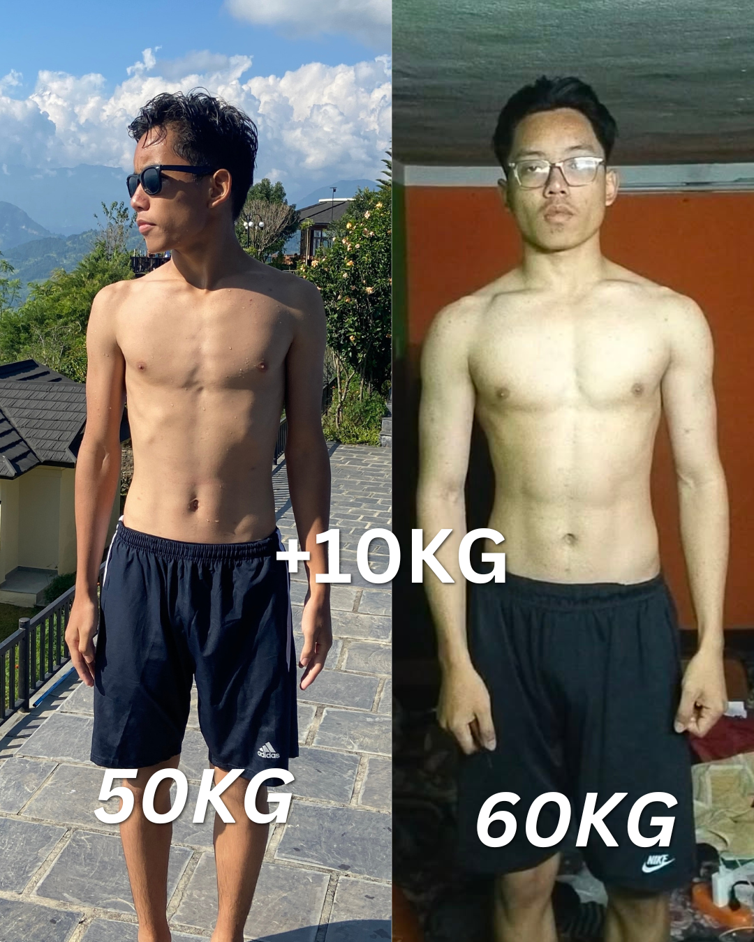 50kg to 60kg — 10kg muscle gain